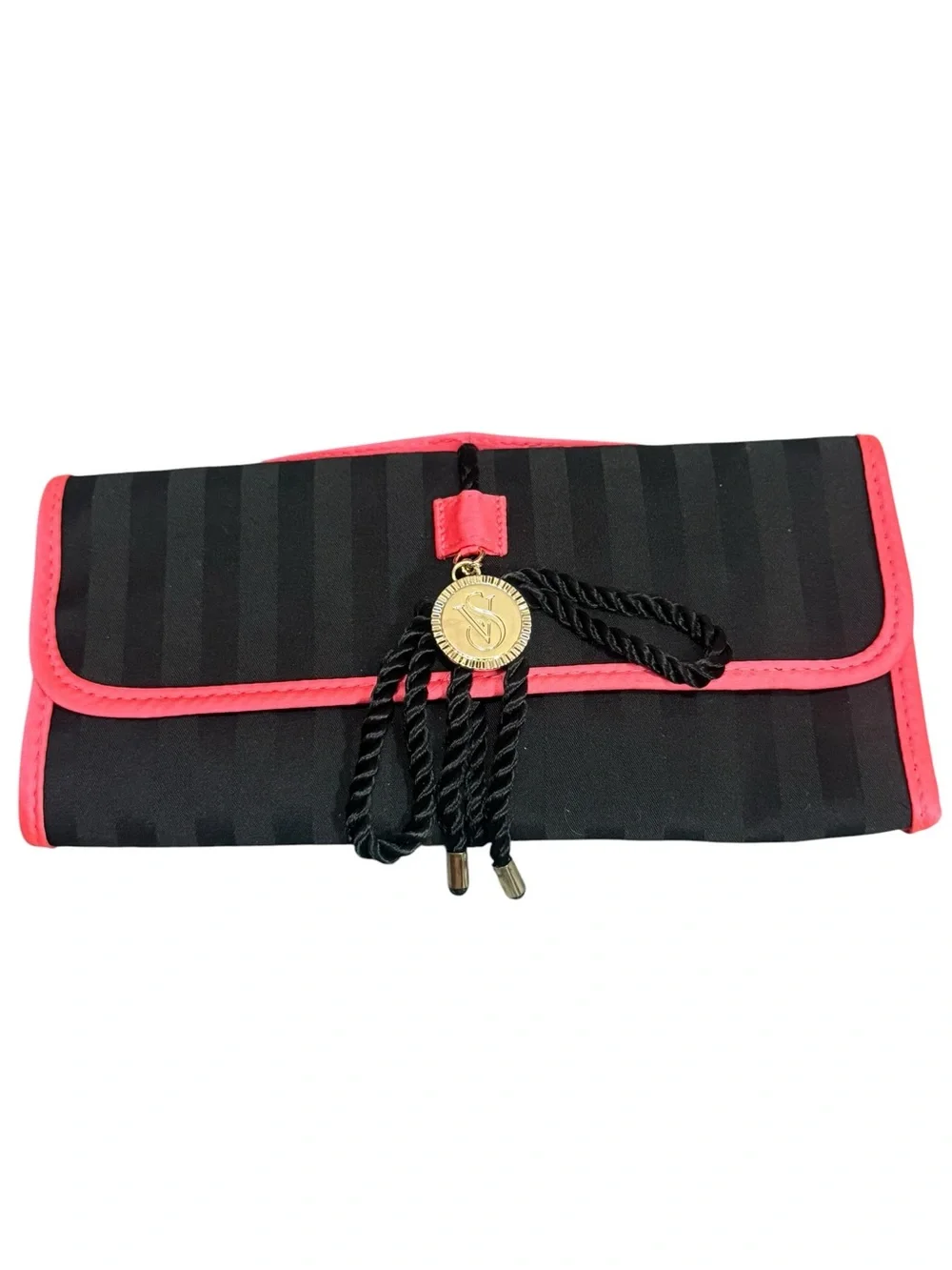 Victoria's Secret Black Clutch with Pink Trim and Gold Medallion
